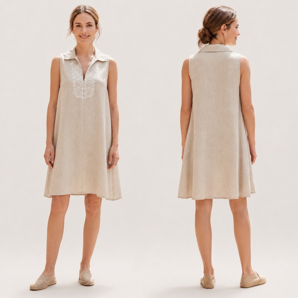 Banana Republic Linen Blend Embroidered Shift Dress M Flax Beige Tunic V-Neck